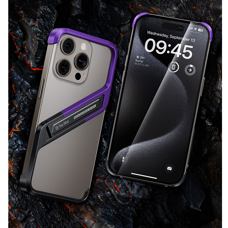 iPhone 16 Pro Alu Slim Case Hülle mit Rahmenlosen Bumper   Kickstand Aufsteller - Silber