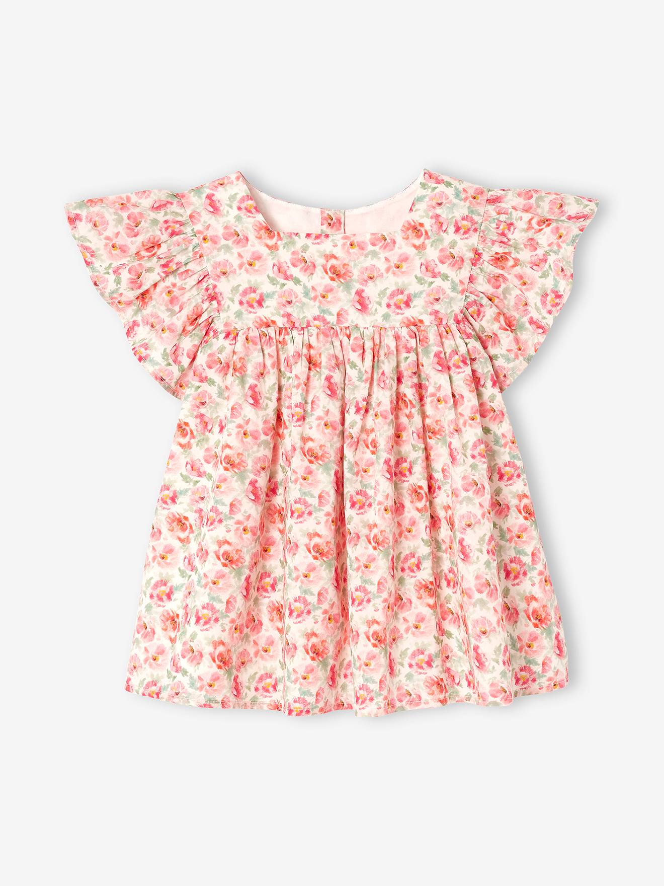 Blusa floral com mangas franzidas, para meninas, estampa branca clara.
