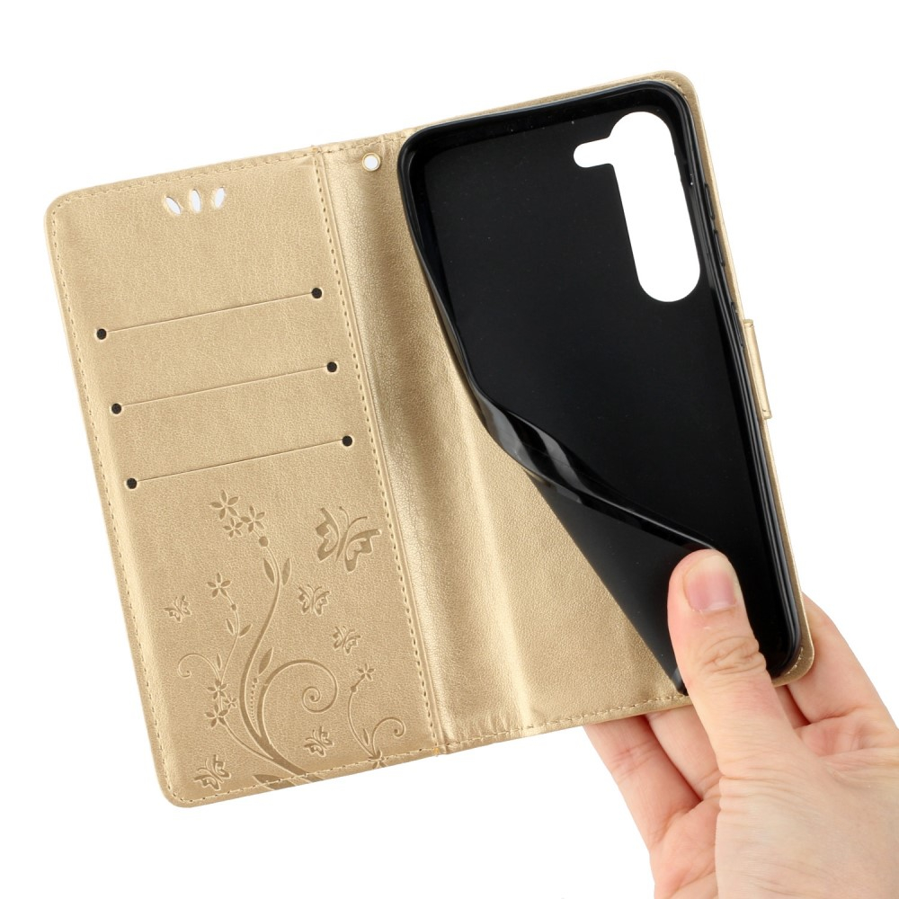 Samsung Galaxy S23 5G Leder Tasche mit Kartenfach   Handschlaufe Butterfly Flowers - Gold