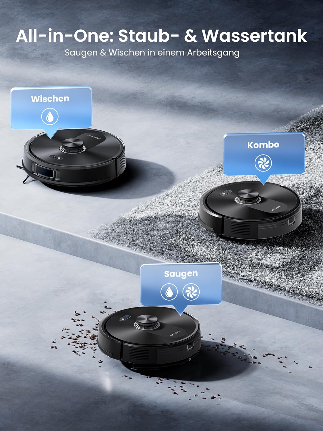 Proscenic Q10 Saugroboter mit Wischfunktion, 8000Pa 200min Staubsauger Roboter, Intelligentes Laser Navigation mit 5 Karten, Steuerung über APP Alexa Siri AppleWatch Fernbedienung für Böden Teppiche