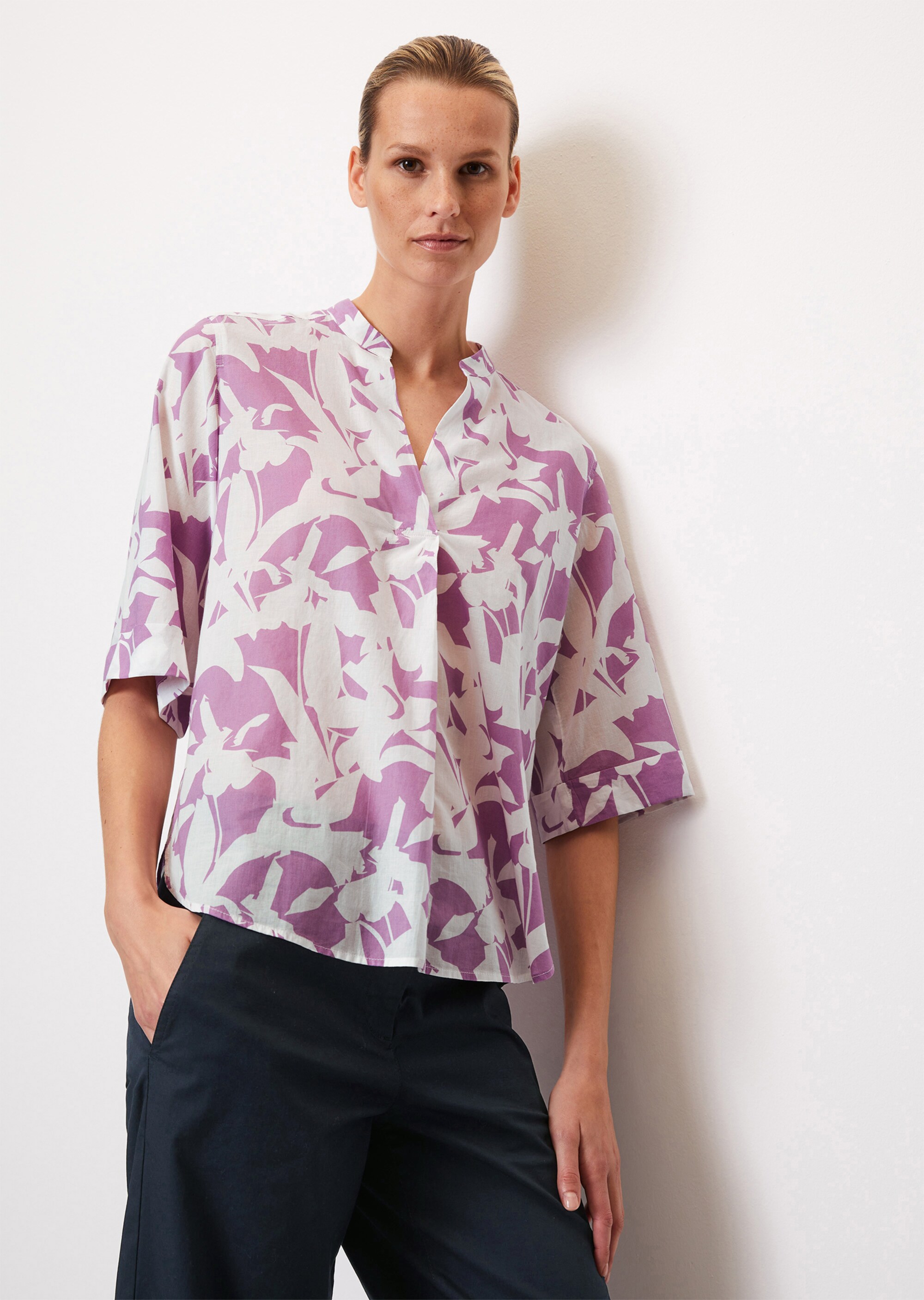 Gemusterte Tunika-Bluse regular aus leichtem Baumwolle-Voile