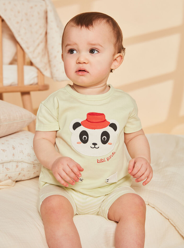 Pyjama vert pâle à animation tête de panda et à imprimé à rayures