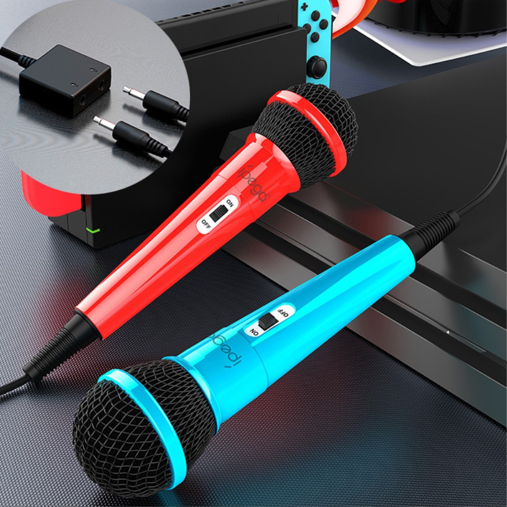 (2er Set) 3m Klinke Karaoke Mikrofon mit USB Adapter für PC / PS5 / PS4 / Xbox One / Nintendo Switch / Wii U - Blau / Rot