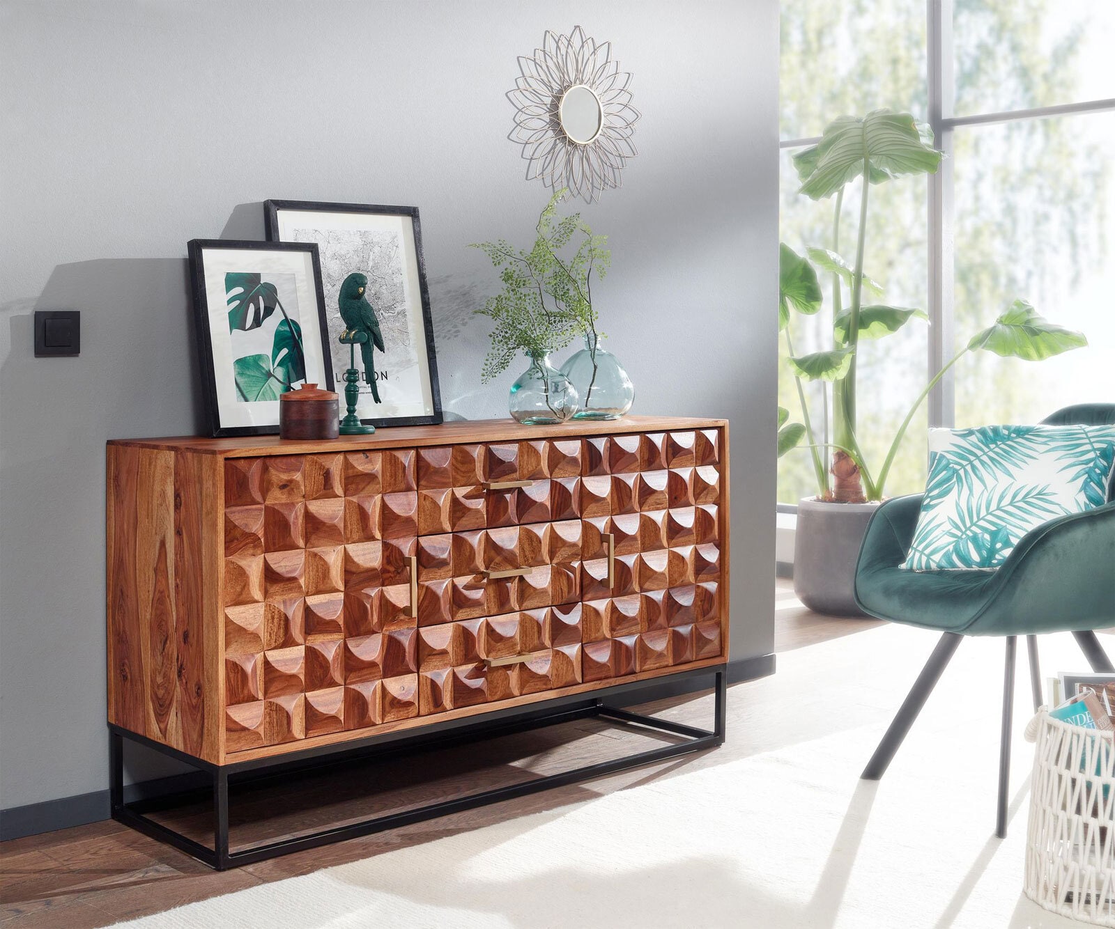 CASAVANTI Sideboard 145 x 81 cm Schwarz/ Sheesham massiv