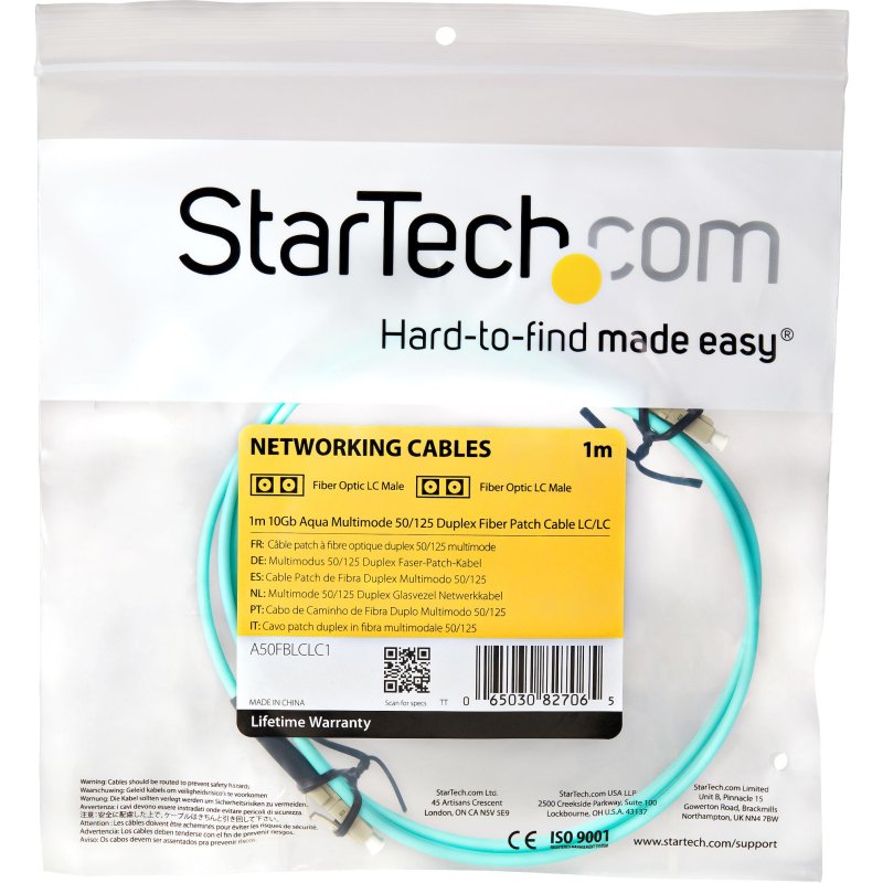 StarTech.com Câble Fibre Optique Multimode 1m LC/UPC à LC/UPC OM3, Fibre Zipcord Full Duplex 50/125µm, Réseaux 100G, LOMMF/VCSEL,