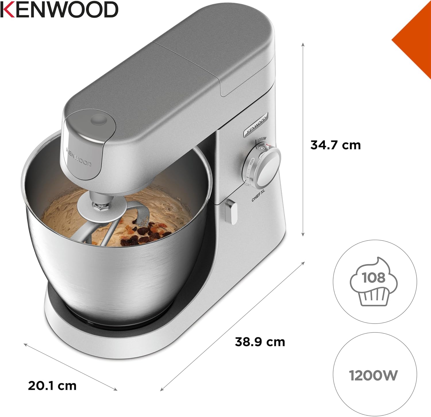 Kenwood Chef XL KVL4100S – Küchenmaschine mit großer 6,7 l Edelstahl-Rührschüssel, multifunktionaler Küchenhelfer, 1200 W, inkl. 3-teiligem Patisserie-Set, silber