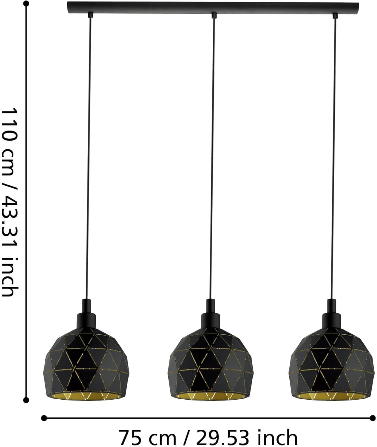 EGLO Pendellampe Roccaforte, 3-flammige Pendelleuchte, Hängelampe aus Metall in Schwarz und Gold, E14 Fassung