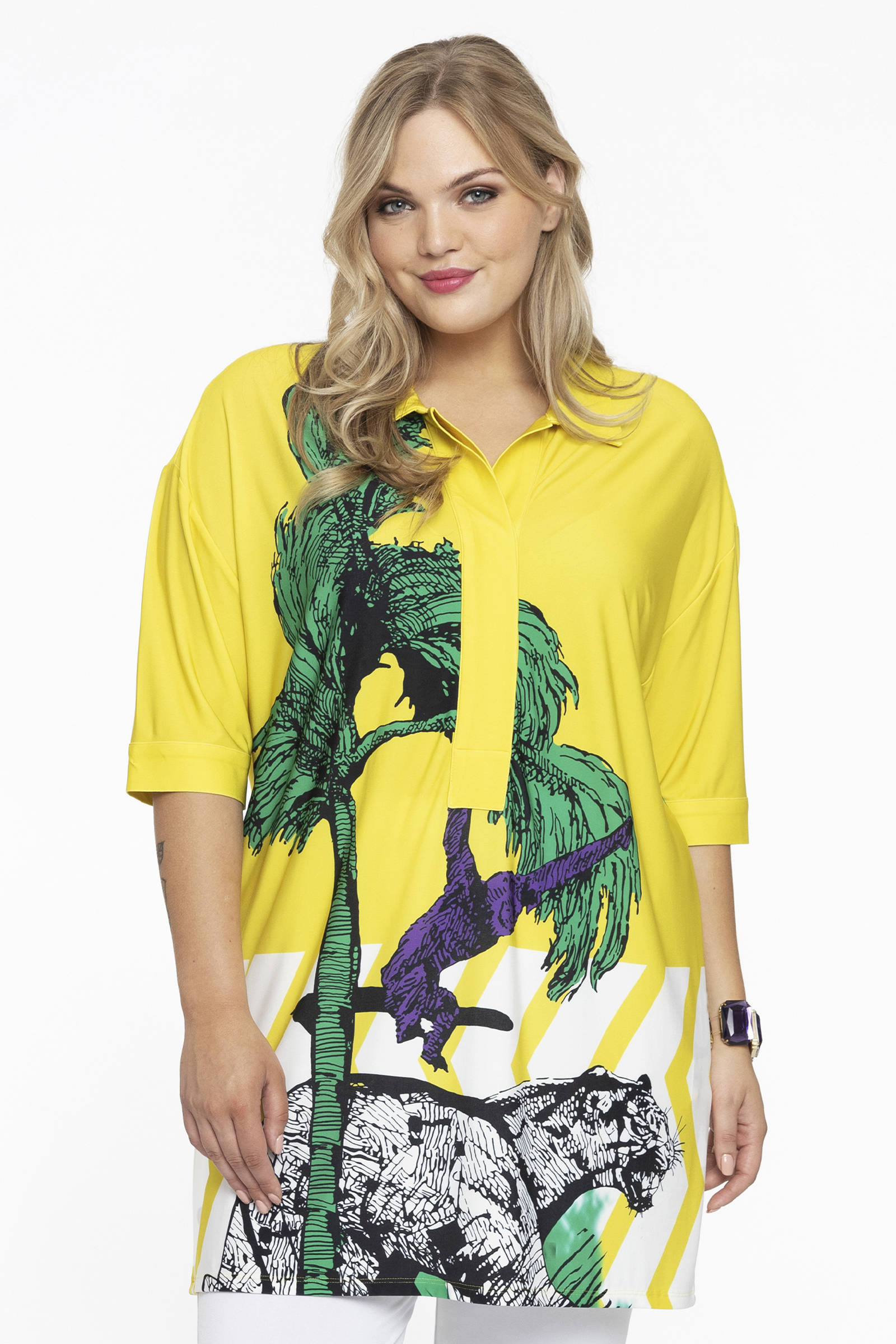 YOEK tuniek van travelstof DOLCE met all over print geel/groen/wit