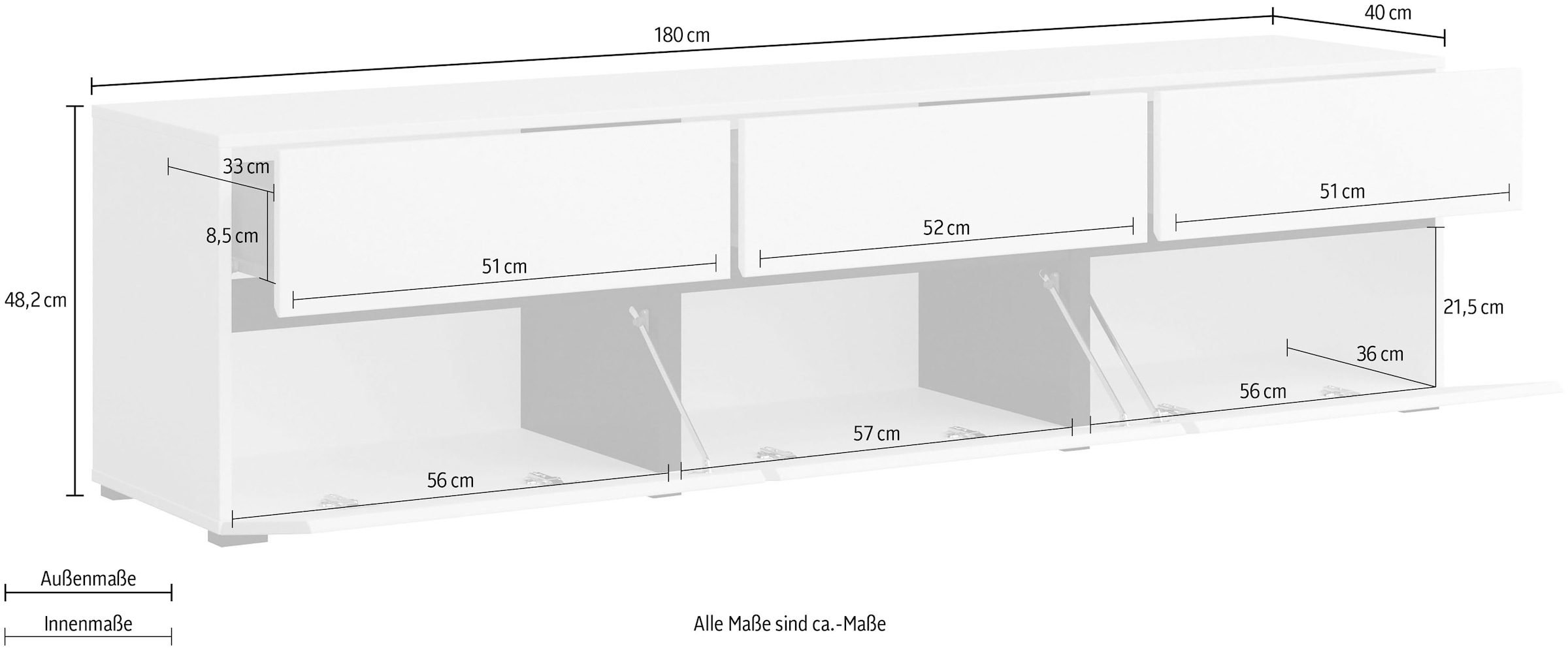 INOSIGN Lowboard »Cross, moderne grifflose TV-Kommode,3 Klappen/3 Schubkästen« Breite 180 cm, TV-Schrank mit viel Stauraum, TV-Board
