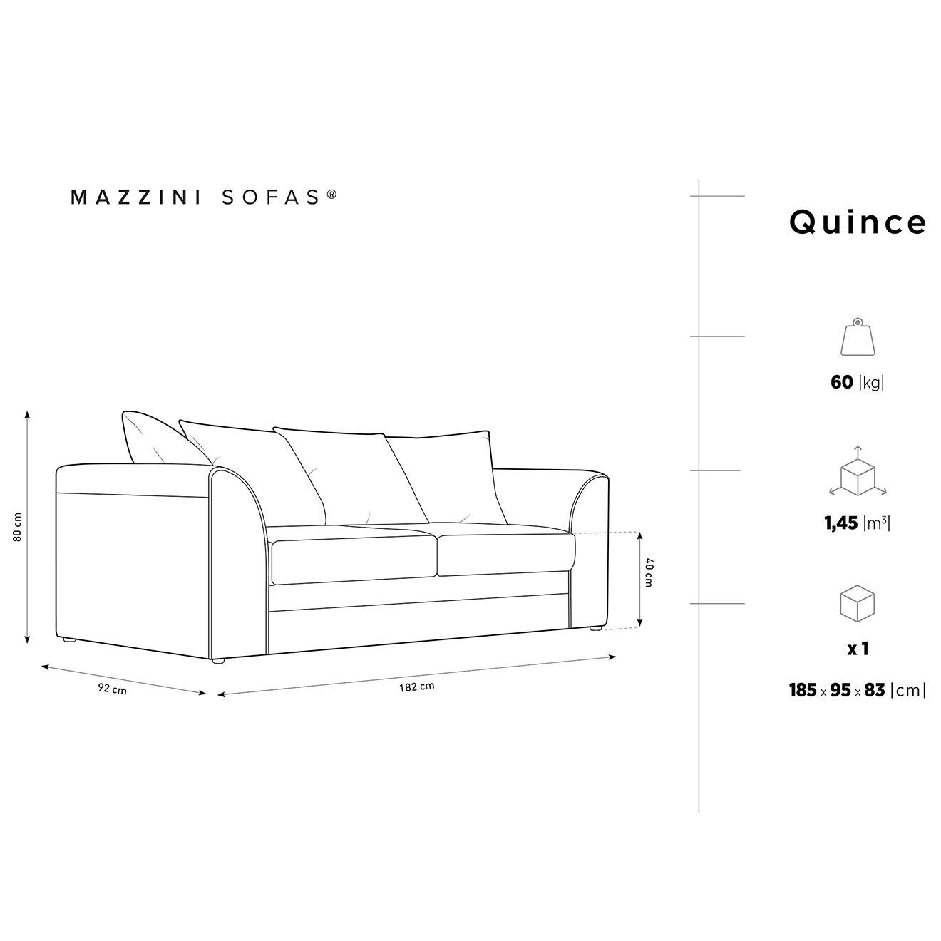 Mazzini Sofas Canapé Quince 3 Places bleu - 182x92x80 cm