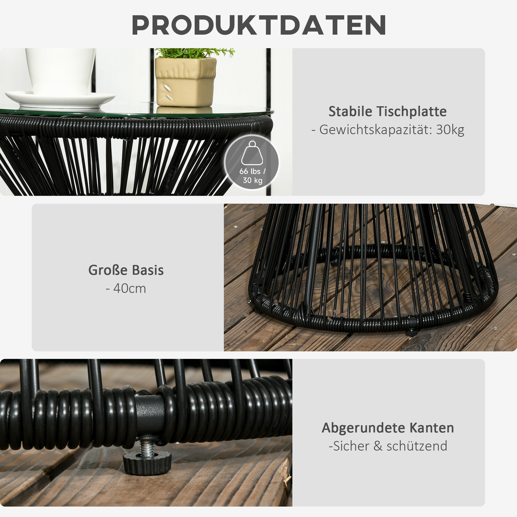 Outsunny Ratten Beistelltisch mit Glastischplatte schwarz 40L x 40B x 42H cm