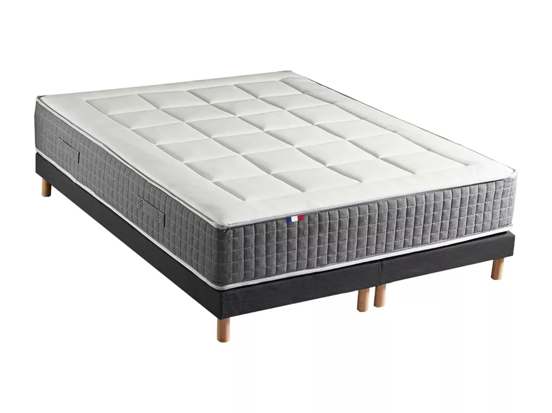 Ensemble Matelas Ressort 7 zones H.28cm + Sommier Fabriqué en France MAX Dimensions - 2x90 x 200 cm, Sommier - Noir