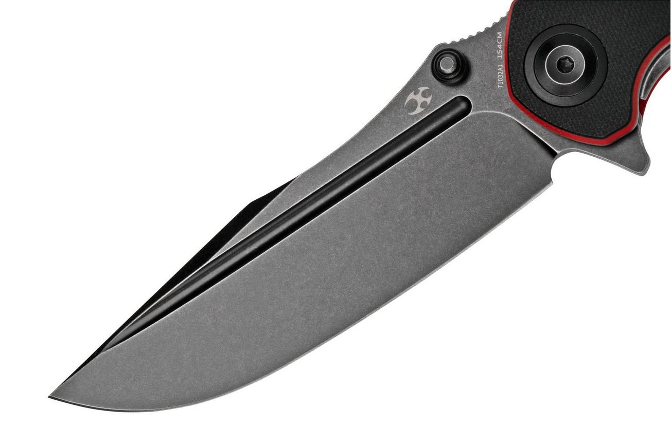 Kansept Pretatout T1032A1 Blackwashed 154CM, Black & Red G10 zakmes, Kmaxrom design