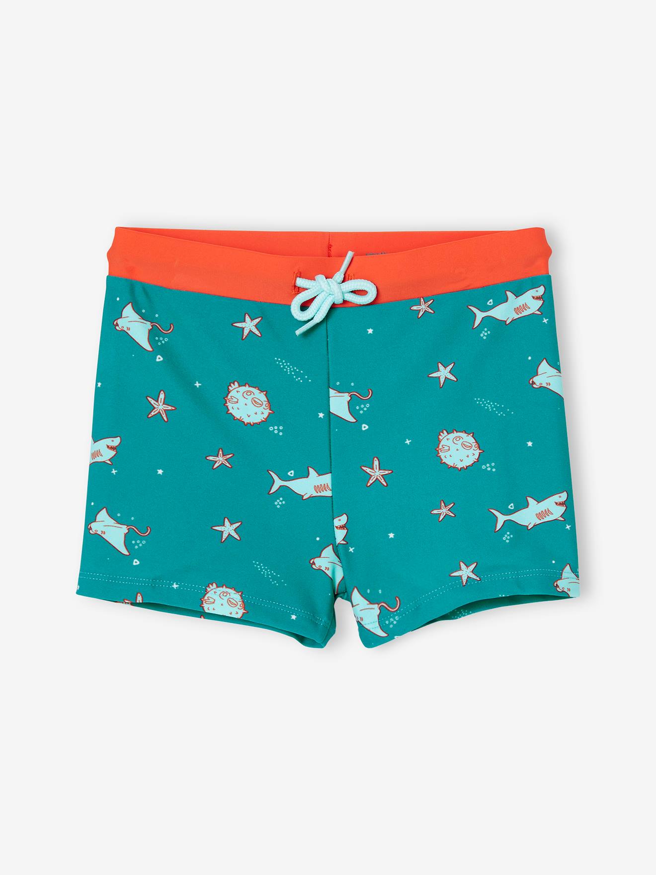 Calção de banho boxer verde esmeralda com estampa marinha para meninos