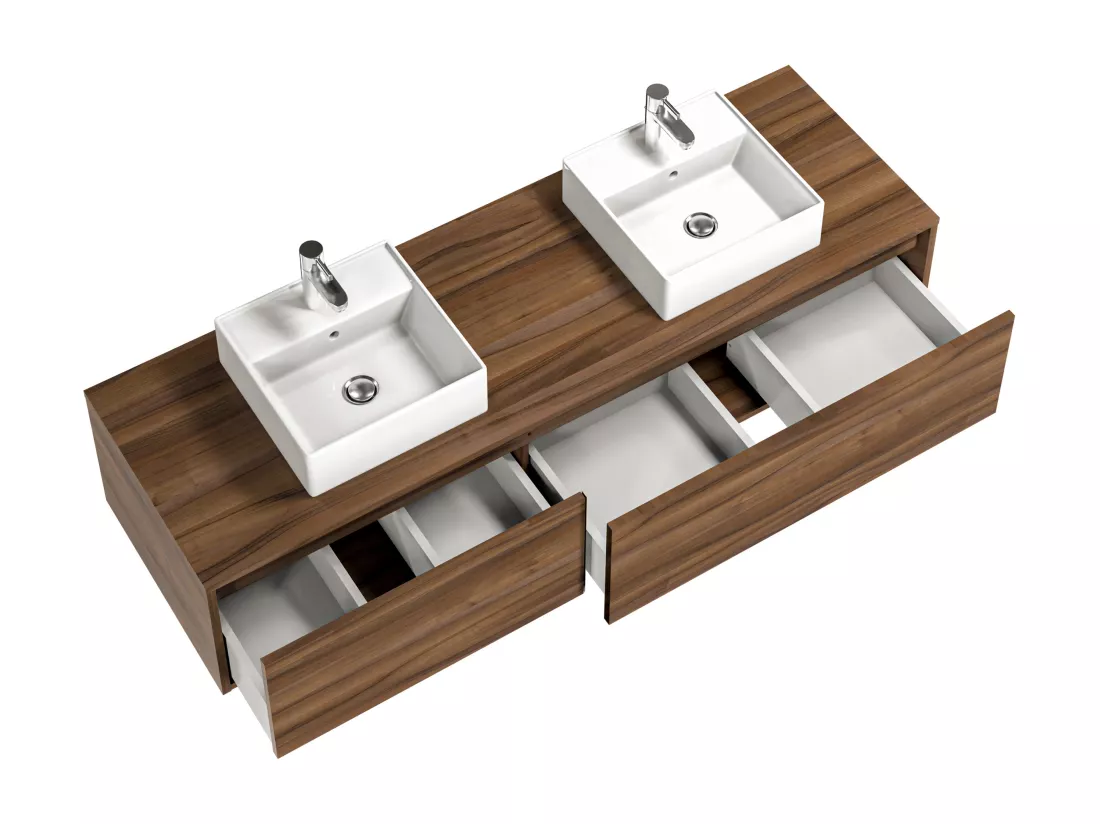Meuble de salle de bain suspendu coloris naturel foncé avec double vasque - L150 cm - ISAURE II