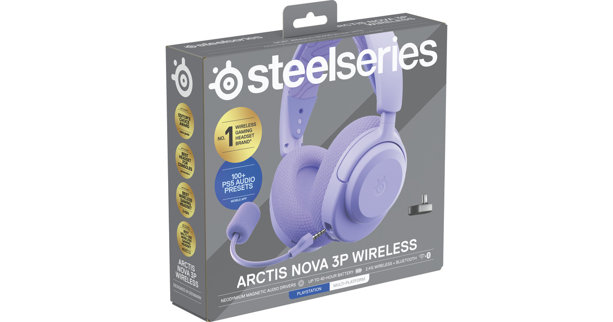 SteelSeriesArctis Nova 3P Wireless over-ear gaming headset  (Lavendel, 2.4 GHz / Bluetooth 5.3, Pc, PlayStation 5, PlayStation 4, Switch)