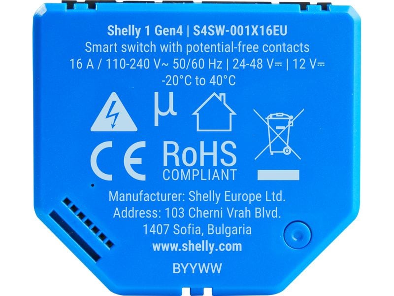 Shelly WLAN-Schaltaktor Plus 1 Gen4 WiFi-Switch Blau, 16 A Wi-Fi-gesteuerter, intelligenter Schalter