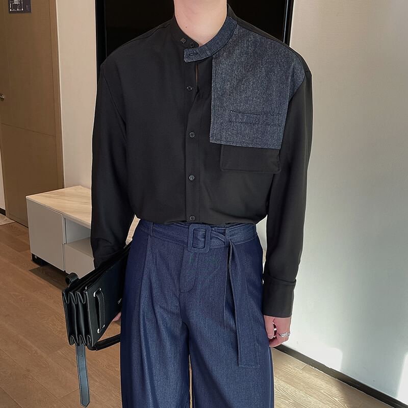 Drawouf - Overhemd met lange mouwen, opstaande kraag, denim paneel en knoopsluiting