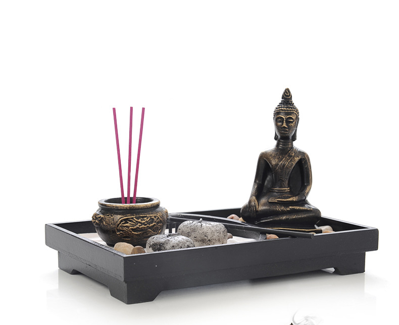 (11-tlg. Set) Buddha Zen Garten Home Deko mit Räucherstäbchen   Teelicht in Stein Optik - Schwarz