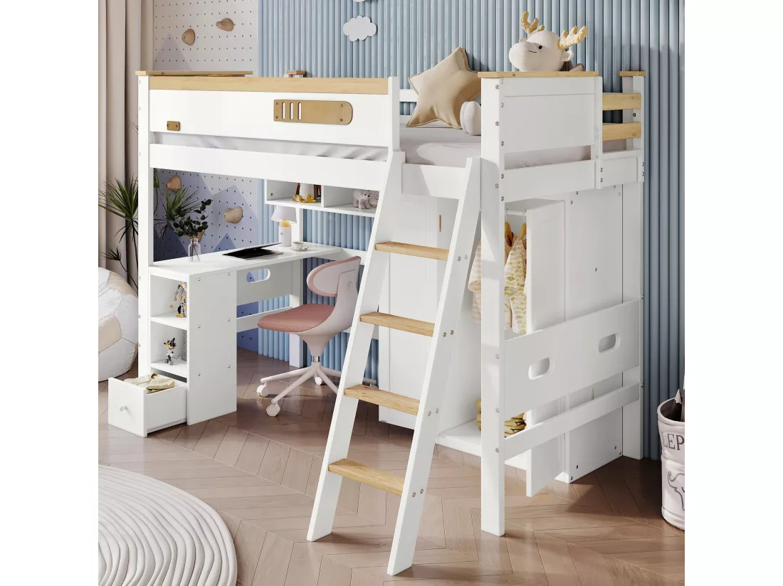 Lit mezzanine 90 x 200 cm avec bureau, armoire et étagères de rangement - Pin+MDF+contreplaqué - Blanc et naturel