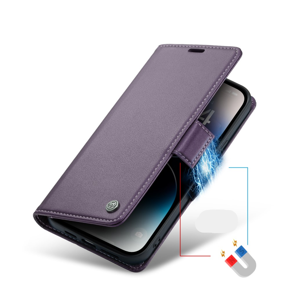 iPhone 15 Pro Leder Tasche Flip Wallet Etui mit Kartenfächern Litchi Look (RFID Schutz) - Violett