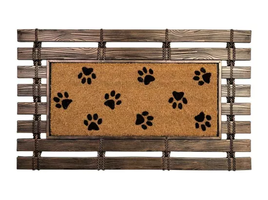 Tapis en caoutchouc et fibres naturelles imprimé traces marron 75x45