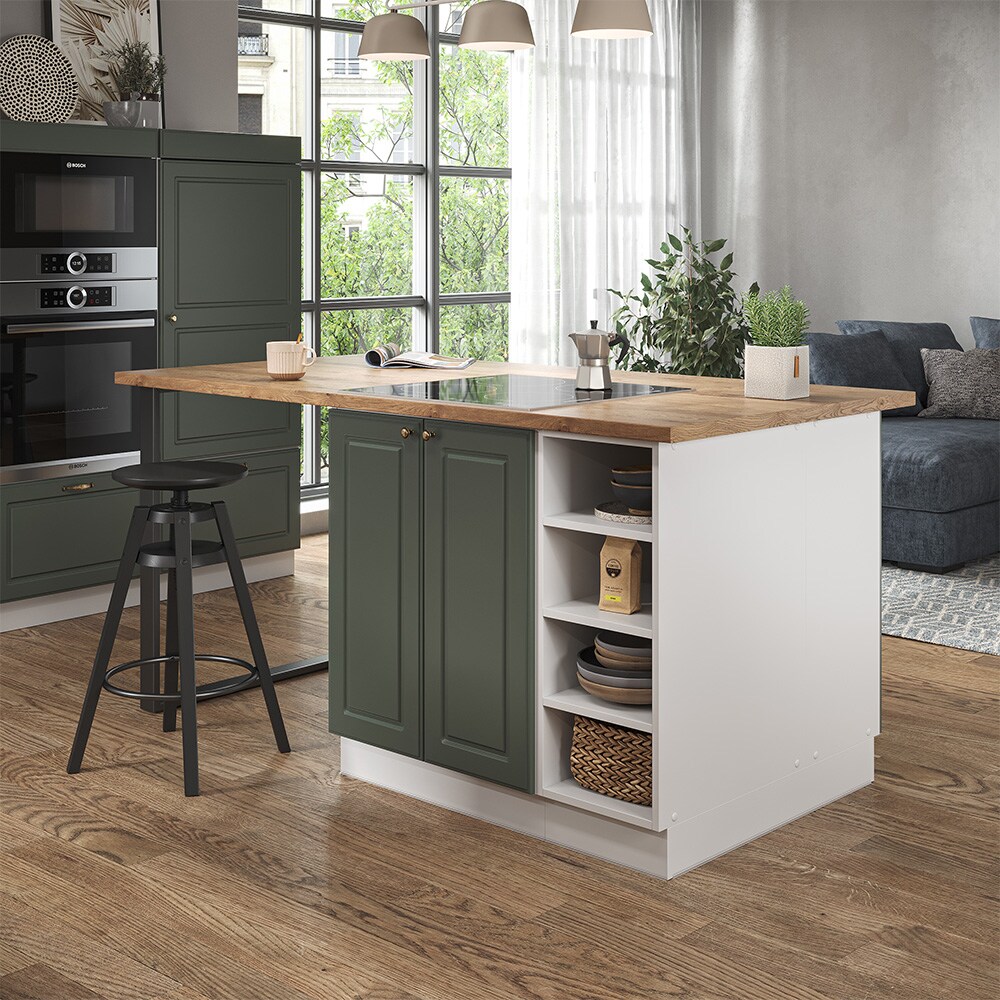 Vicco Kücheninsel Küchenblock Einbauküche Fame-Line Landhaus Weiß Grün 90 cm Gold Küchen Schränke Regalunterschrank Küchenunterschrank Regalinselunterschrank Softclose-Scharnier Küchenmöbel