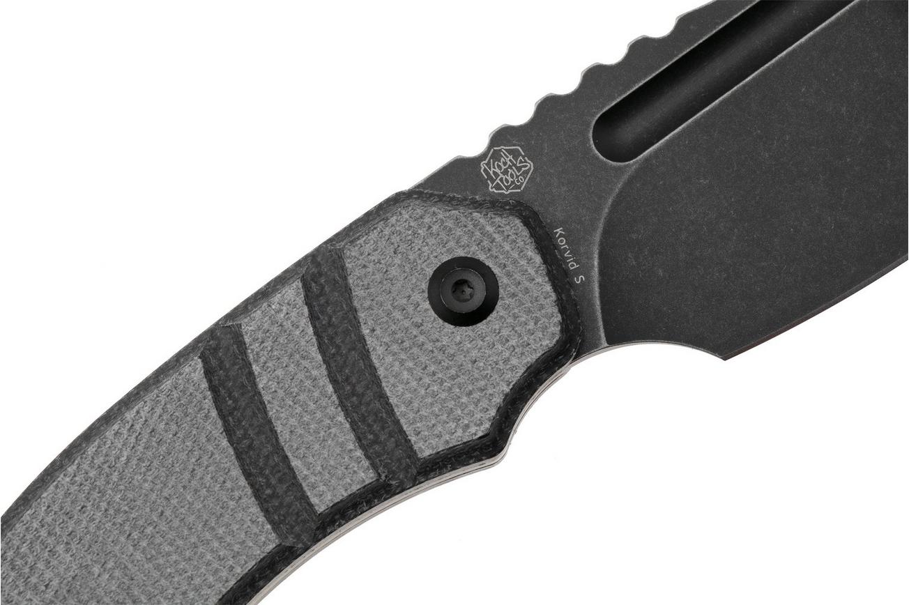 Kansept Korvid S G2030A1 Blackwashed 14C28N, Black Micarta, vaststaand mes, Justin Koch design