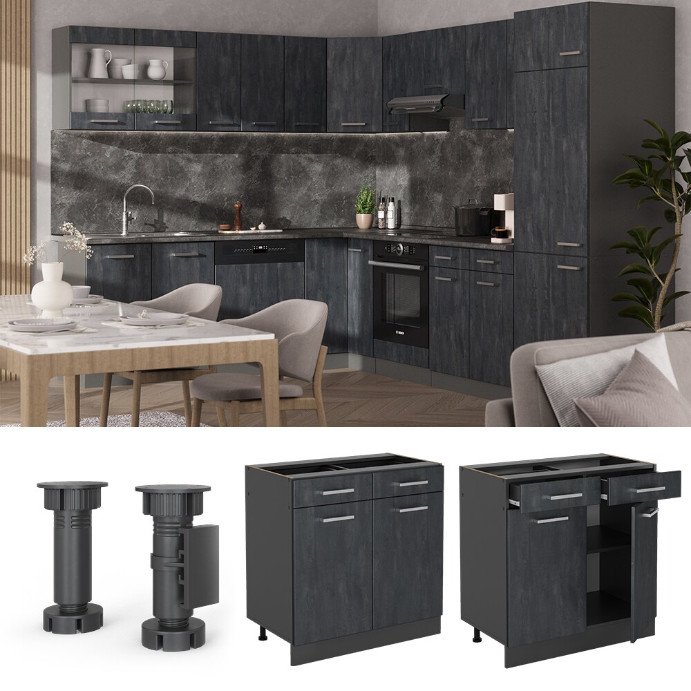 Vicco Schubunterschrank R-Line Schwarz Beton Anthrazit 80 cm mit Arbeitsplatte Eiche