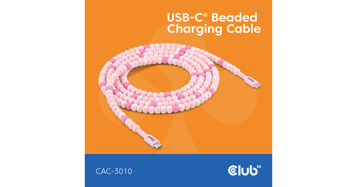 Club 3DUSB-C Beaded Cable Pink, 2 meter kabel  (Roze)