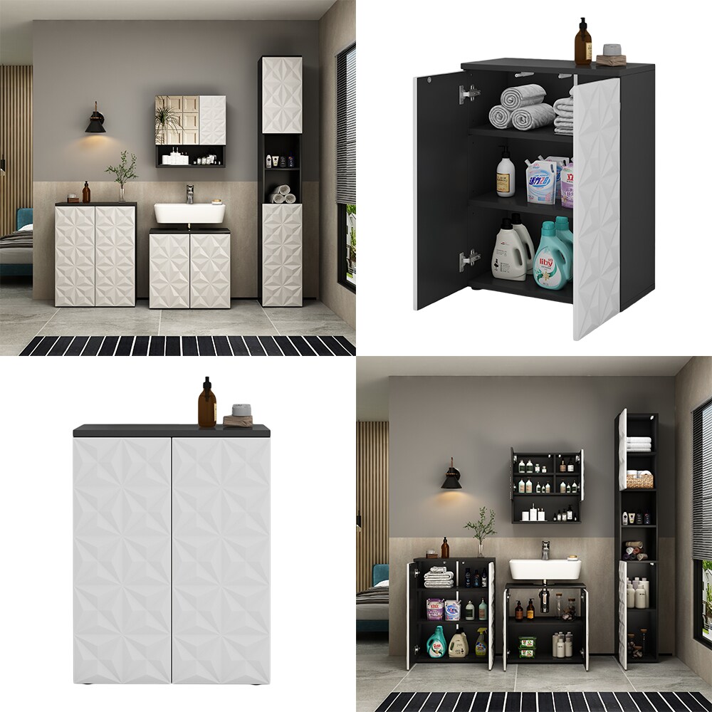 Vicco Badschrank Badezimmerkommode Badezimmermöbel Edge Schwarz Weiß modern 60x80 cm Badezimmer Schrank Badmöbel 2 Türen 3 Fächer