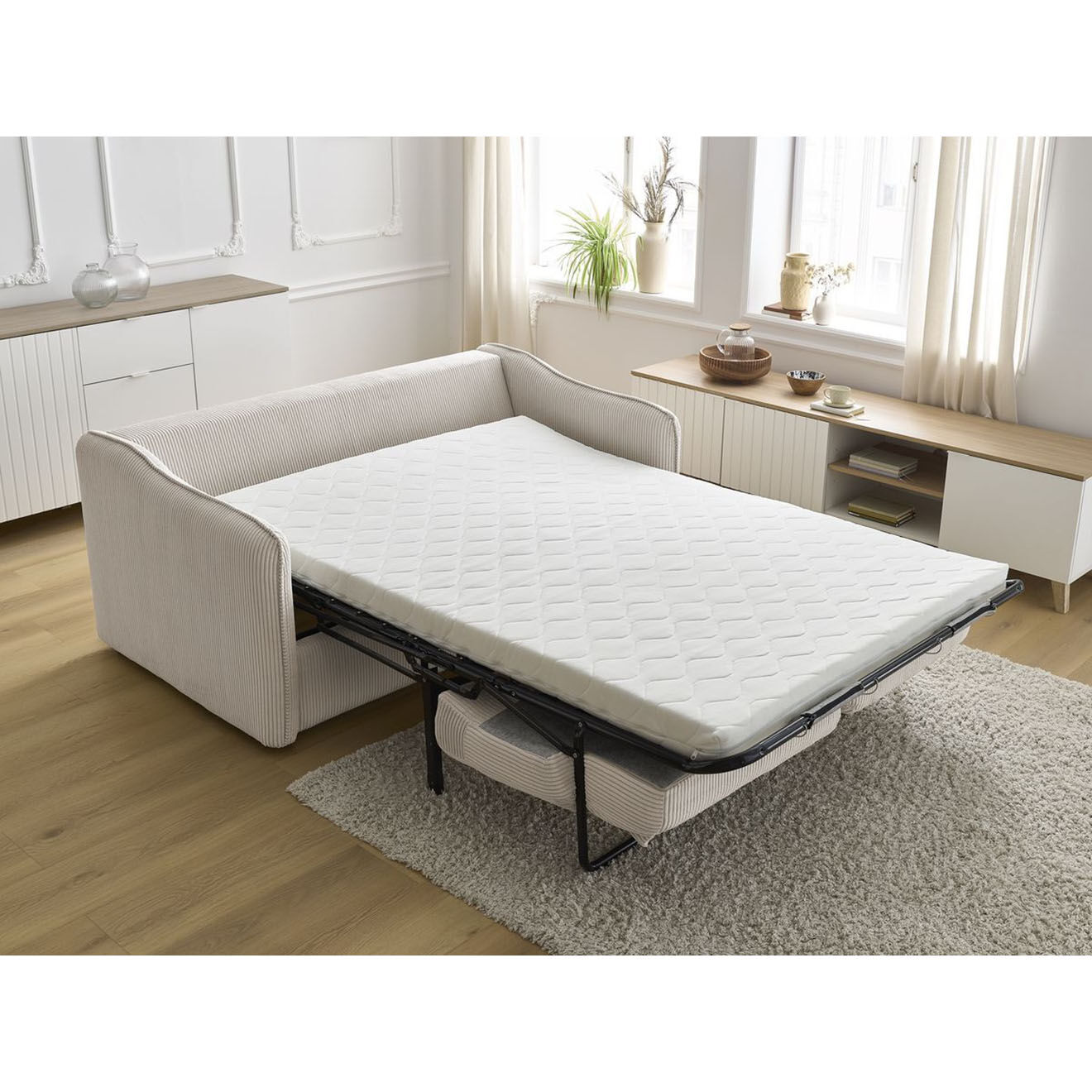 Bobochic Canapé droit convertible express en Velours côtelé 3 places Lenny beige - 178x102x89 cm
