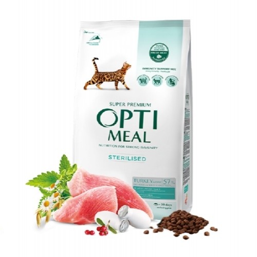 Ração seca Optimeal para gatos esterilizados, sabor peru e aveia.
