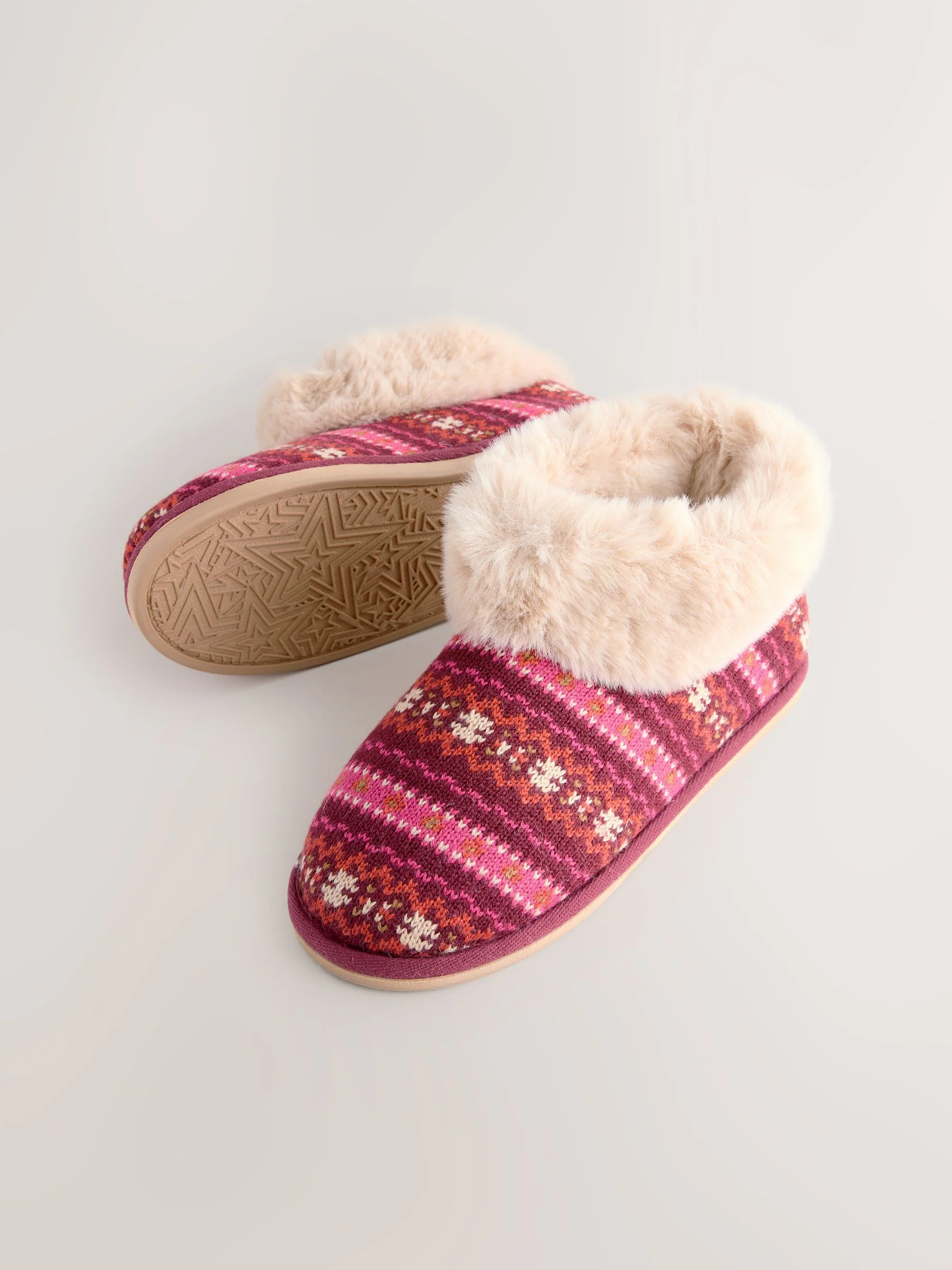Bessenrood met fairisle - Pantoffellaarzen met imitatiebont