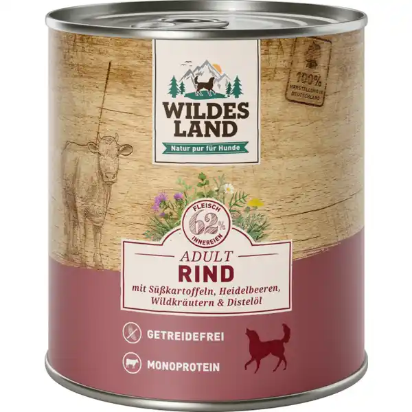 Hundefutter Adult Rind mit Süßkartoffeln, Heidelbeeren, Wildkräutern und Distelöl