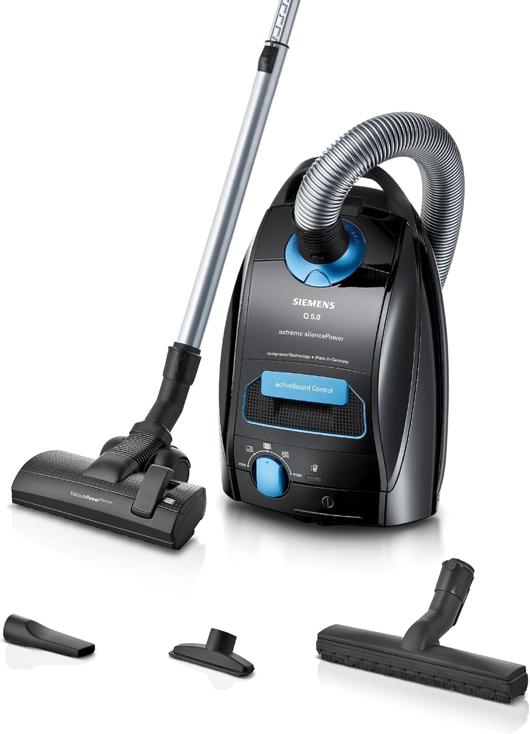 Siemens Staubsauger mit Beutel Q5.0 Extreme silencePower VSQ5X1232, für Allergiker, Hygiene-Filter, Starke Saugleistung: Parkett, Teppich, Fliesen, langes Kabel, Made in Germany, 850 W, schwarz