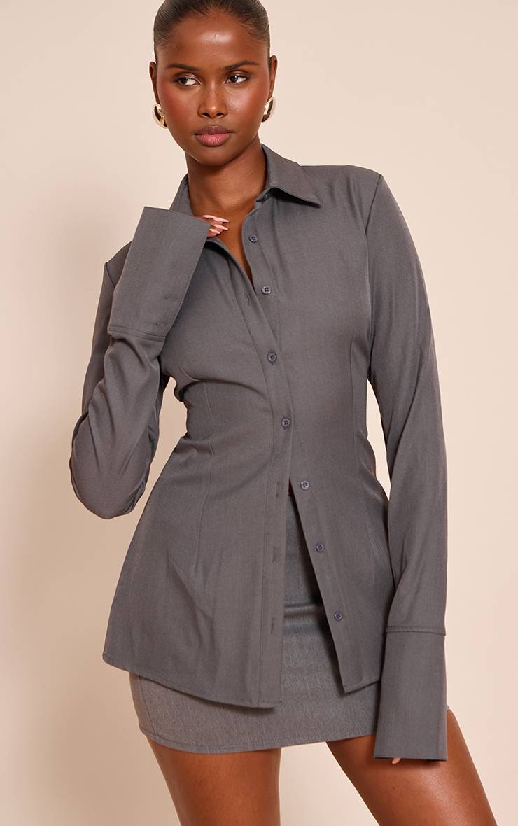 Charbon Chemise Cintrée Tissée À Fines Rayures