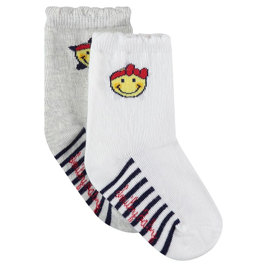 Lot de 2 paires de chaussettes avec rayures et motif Smiley en jacquard - Gris chiné