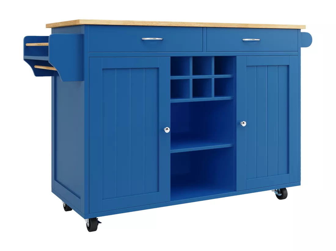 Ilot central de cuisine mobile avec 2 portes et 2 tiroirs - 102x45x92 cm - Bois MDF - Bleu et naturel