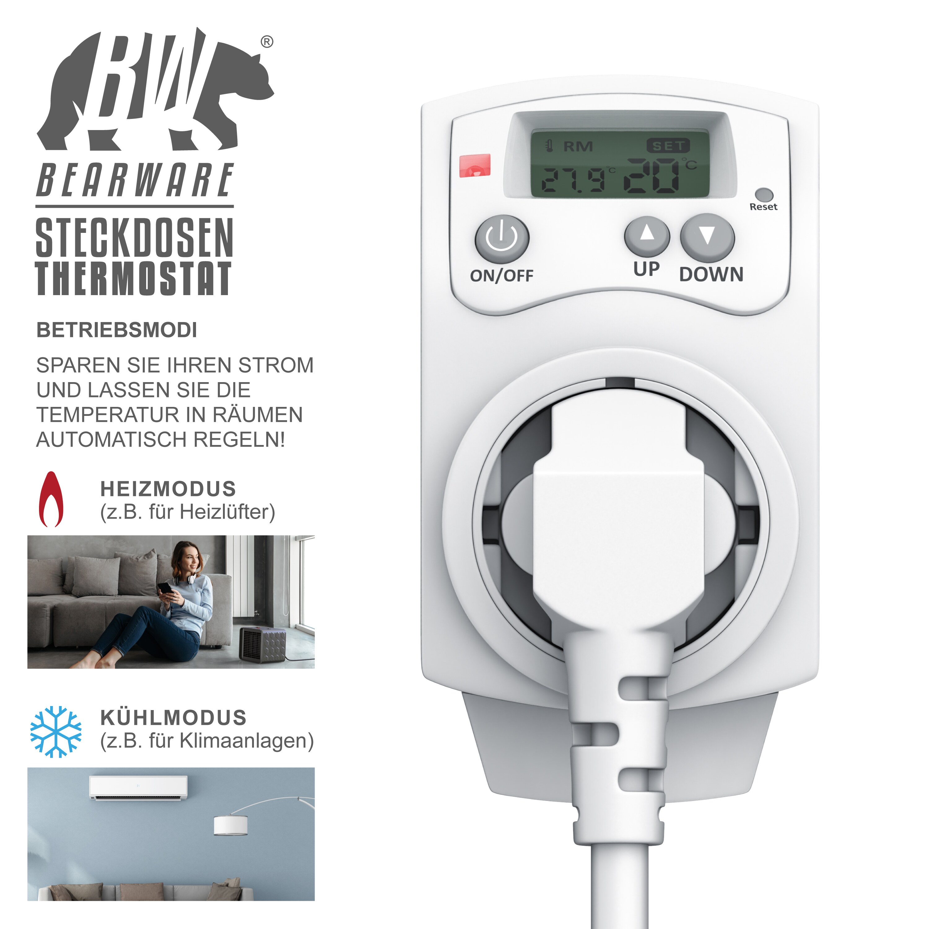 BEARWARE Steckdosen Thermostat programmierbar von 5°-30°C LCD Display mit Statusanzeige