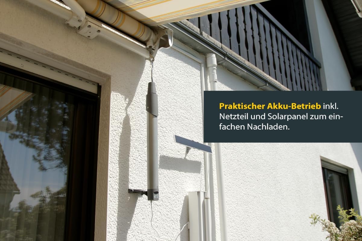 Schellenberg 20264 Funk Markisenantrieb Premium mit Akku, 10 N max 12 m² Fläche, einfach nachrüsten mit Solarpanel, inkl. Netzteil und Wandhalterung