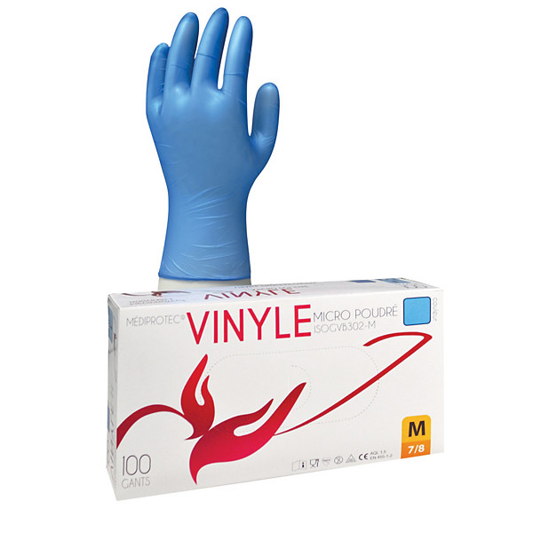 Gants jetables vinyle poudrés bleus taille 8, boîte de 100