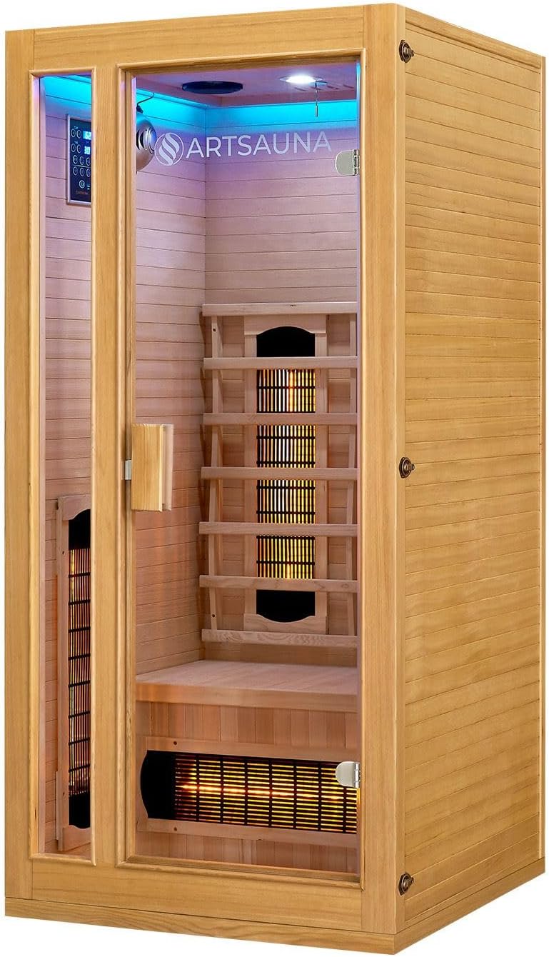 Artsauna Infrarotkabine Nyborg S90V - Infrarotsauna Vollspektrumstrahler, LED-Farblicht & große Glastür - Wärmekabine für 1 Person 90x90 cm