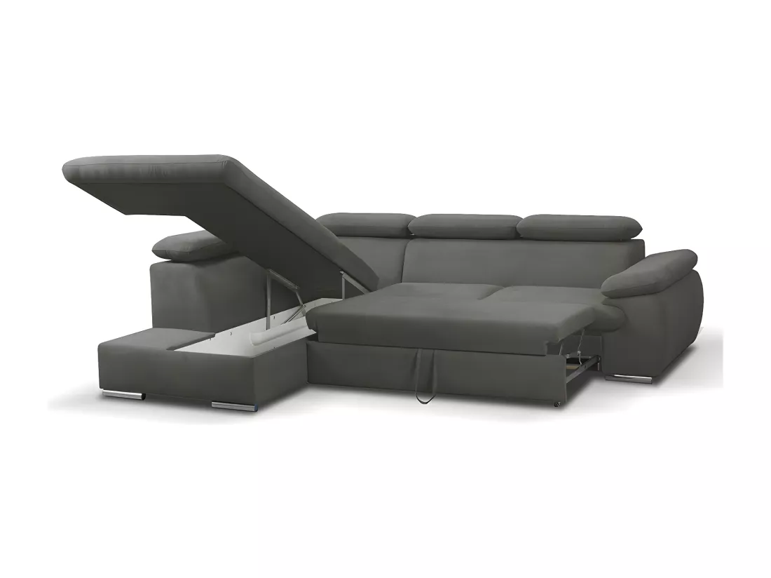 Canapé d'angle gauche convertible en tissu anthracite avec coffre de rangement FABIEN