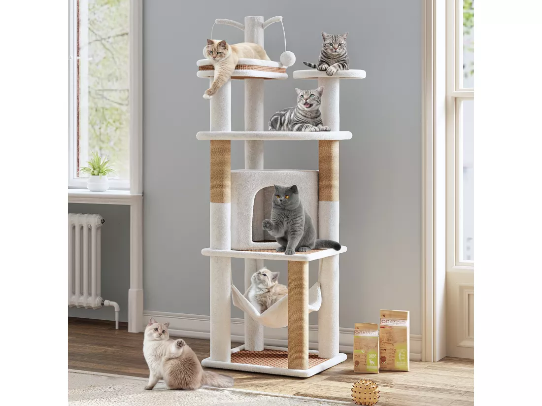 YITAHOME Arbre à Chat - 155 cm - Griffoir - à 4 niveaux - Tour d'escalade pour Chat d'Intérieur - Tissage en rotin - Blanc