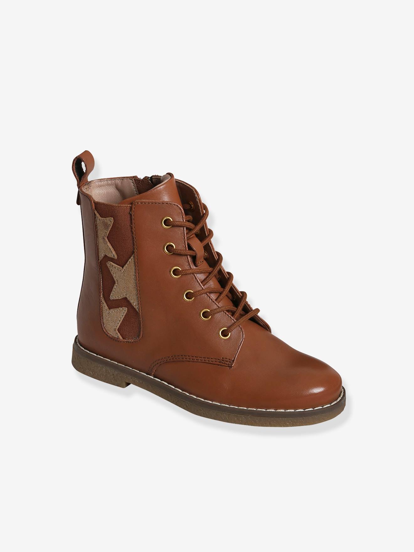 Botas de cano alto com cadarço e zíper em couro, para meninas, pretas lisas com estampas.