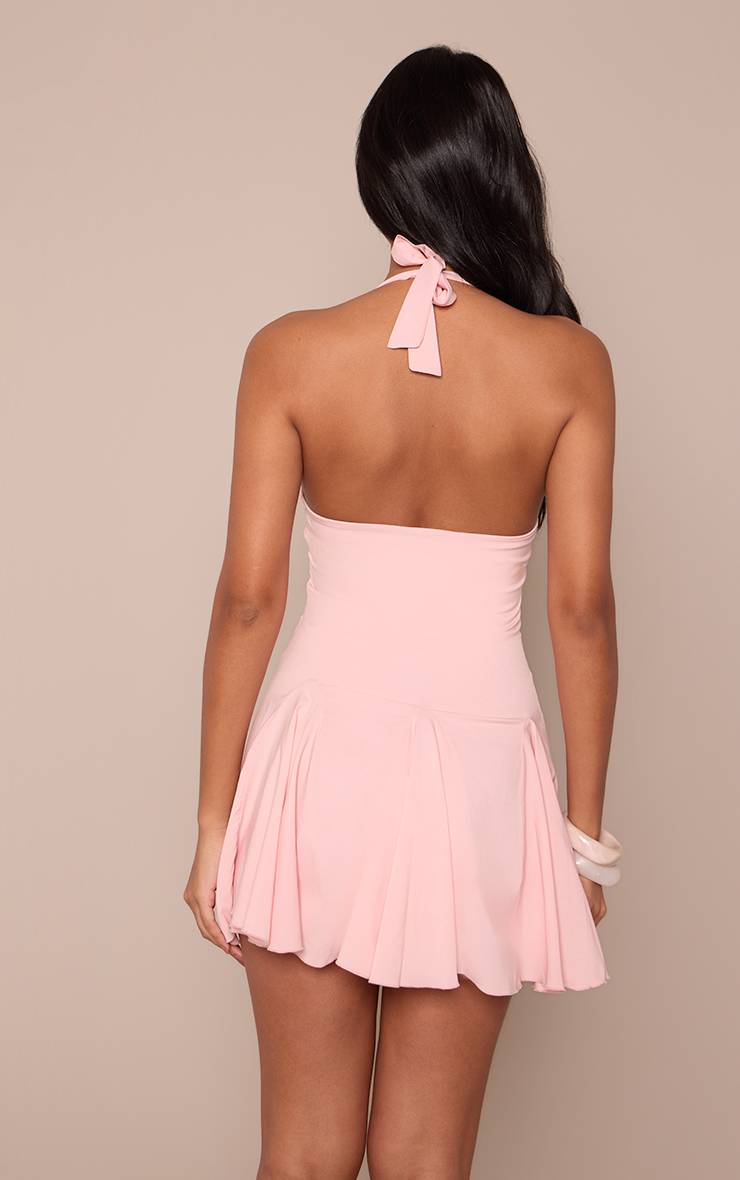 Rose Bébé Robe Mini Droite À Godets Et Col Licou En Tissu Tissé