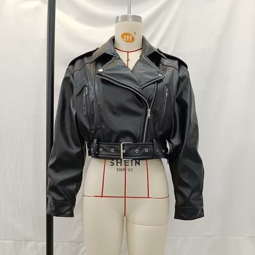 Susaine - Effen imitatieleren cropped bikerjack met rits