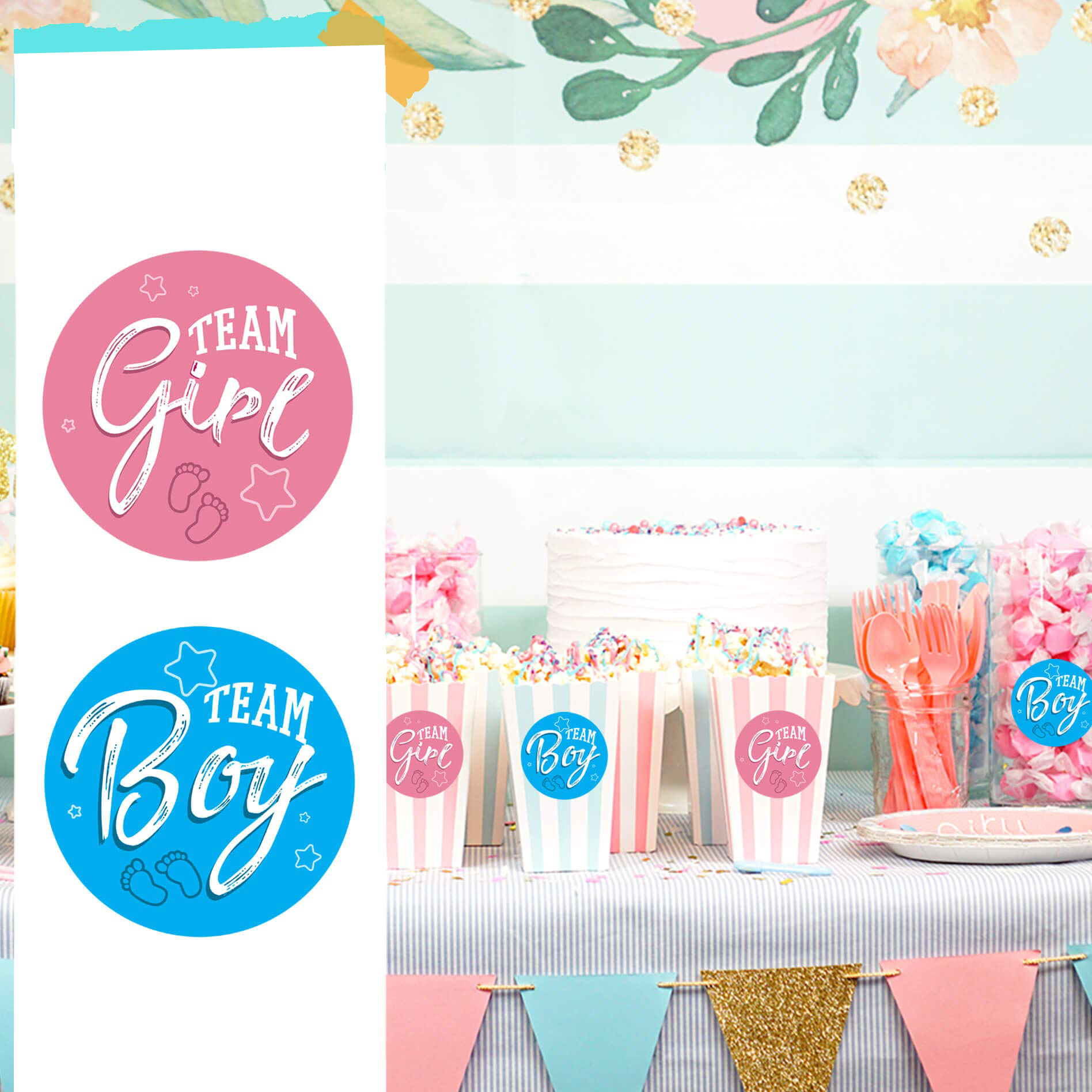 (120er Set) Ø3cm Baby Shower Aufkleber Team Girl / Team Boy Sticker Gender Reveal Party Accessoire - Rosa / Blau / Weiss