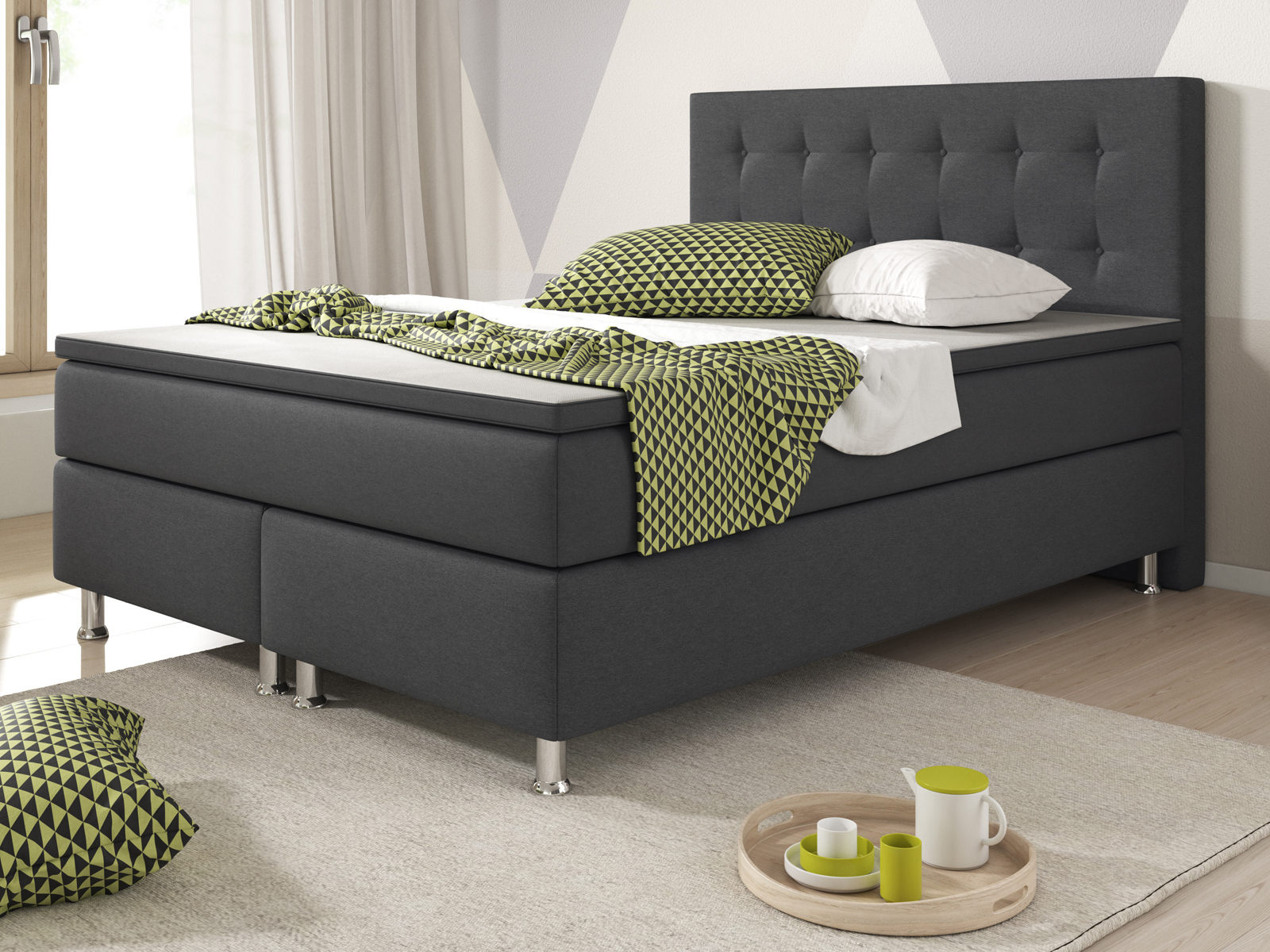 Boxspringbett - anthrazit - mit Topper - H3 - 140x200 cm